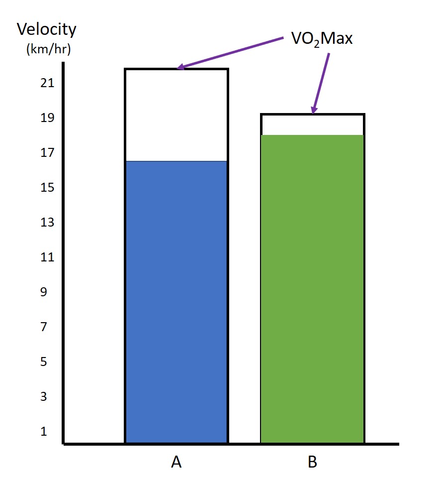 Graph showing 2 bars A and B, A is currently at 16 with a maximum of 22, B is at 18 with a maxium of 19